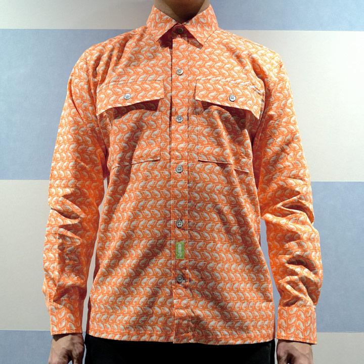Edo Komon Shirt Long Sleeve Button Shirt Ebi Shrimp Pattern