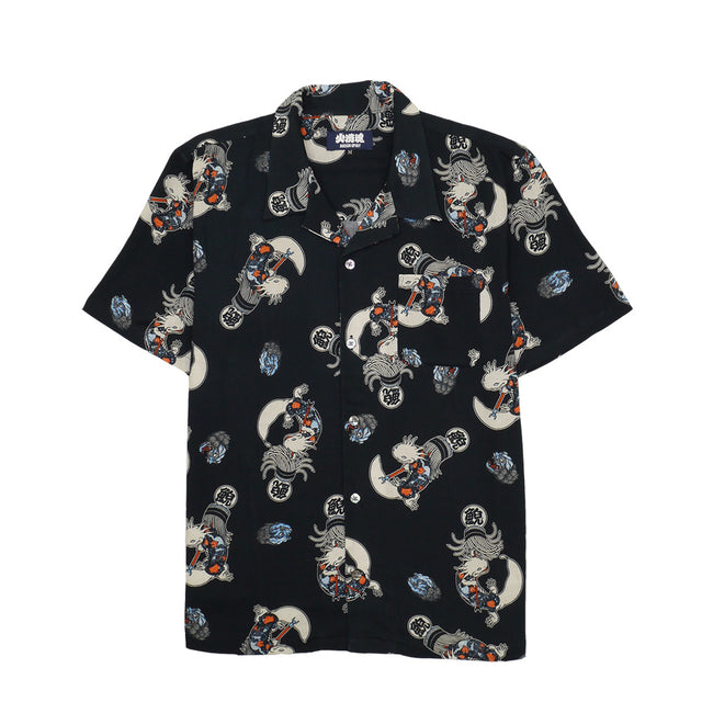 ”The Various Salamanders: Hikeshi” A-un patterned open collar shirt